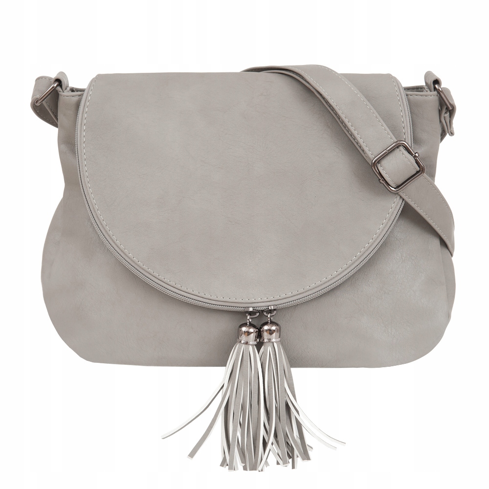 

Szara Popielata Skórzana Torebka Frędzle boho