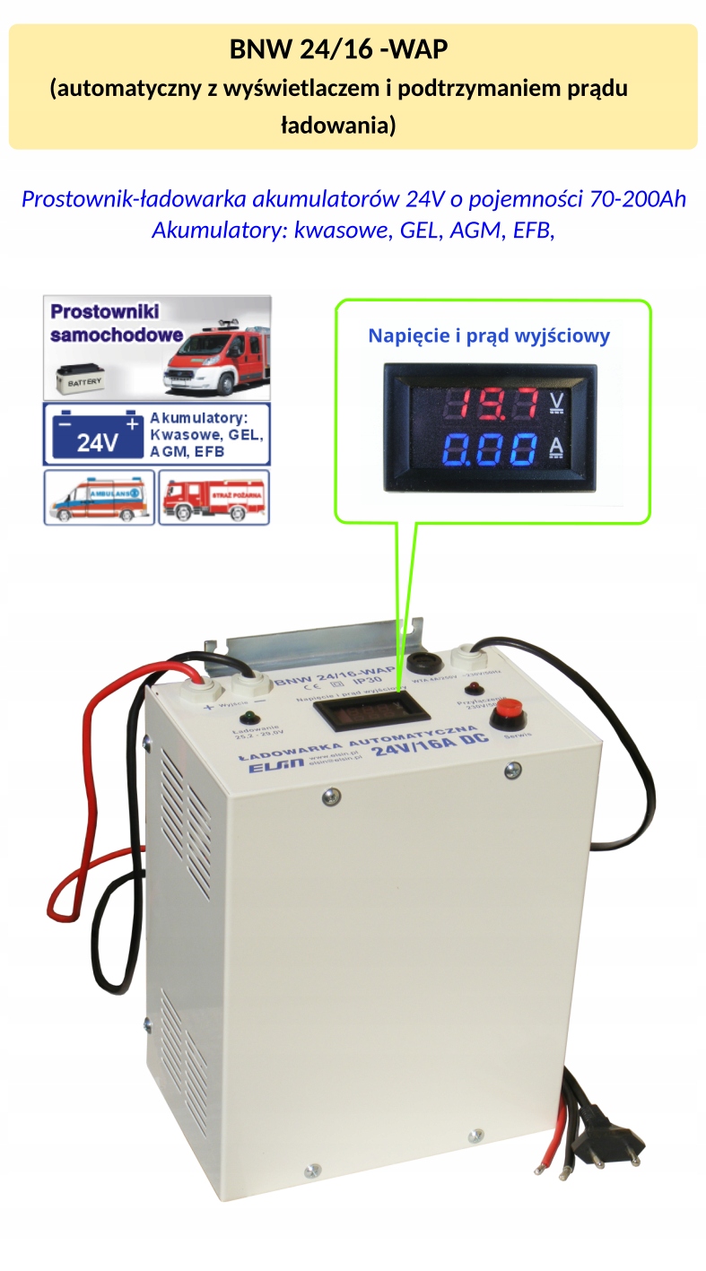 Prostownik-ładowarka automatyczna BNW 24/16 -WAP Natężenie maksymalne 16 A