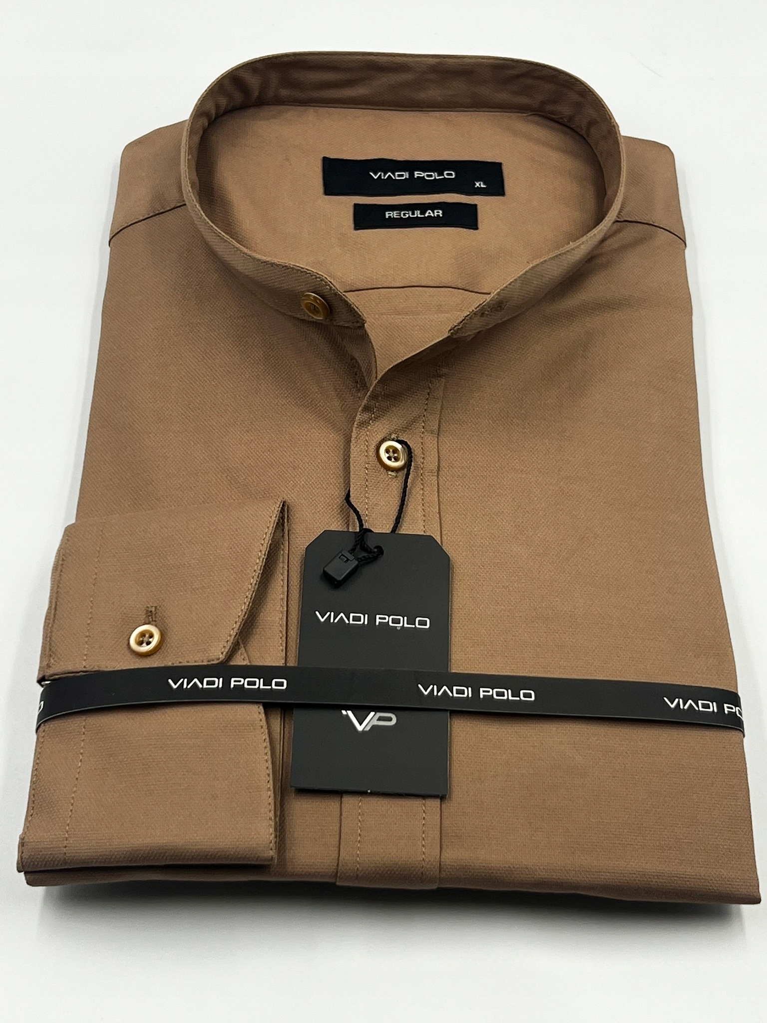 Pánská košile Viadi Polo Světle hnědá Regular délka rukávu Stojka vel. 3XL Oxford