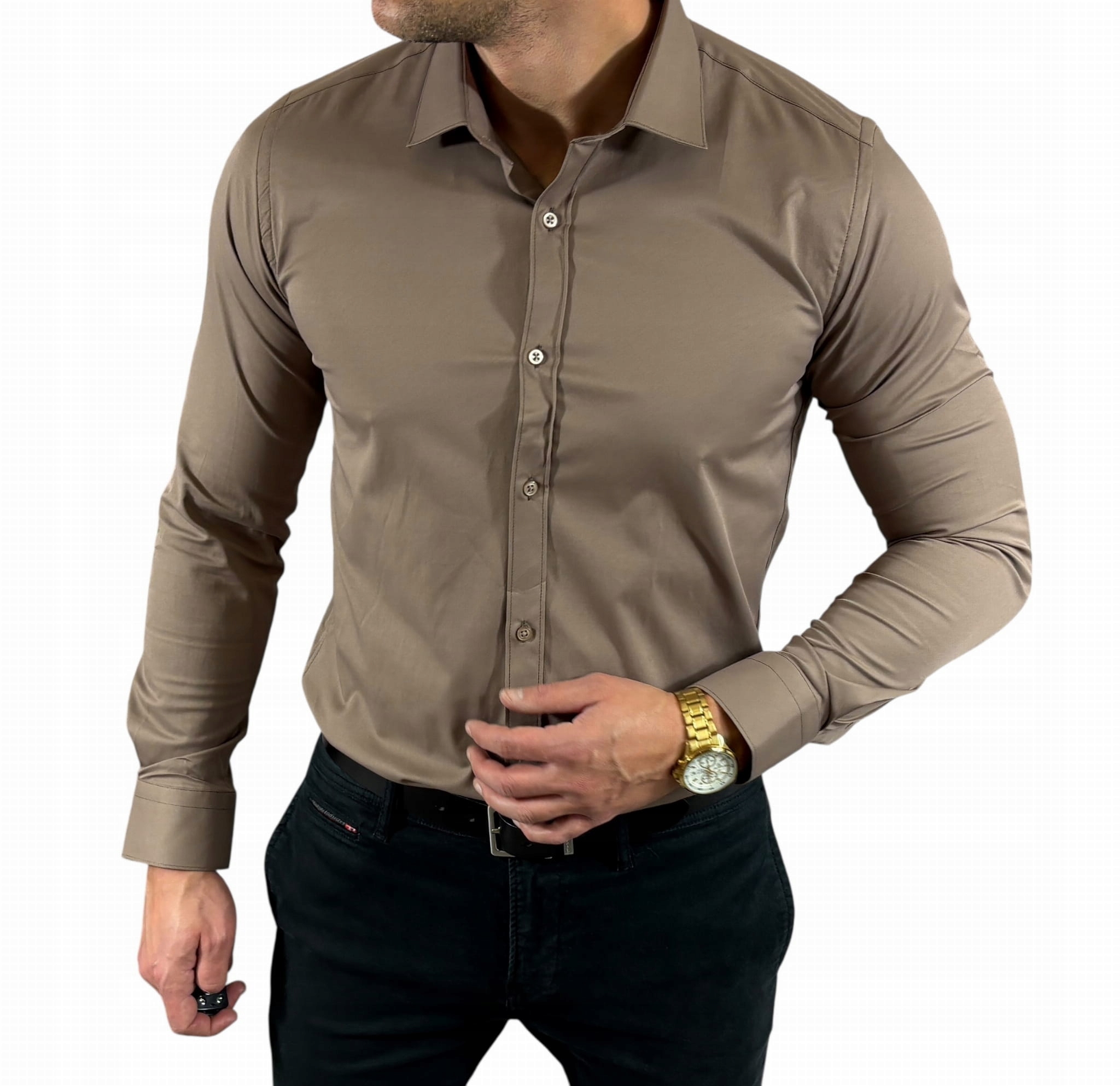 Košile regular klasická saténová hladká elegantní tmavě béžová 150/11 EGO0