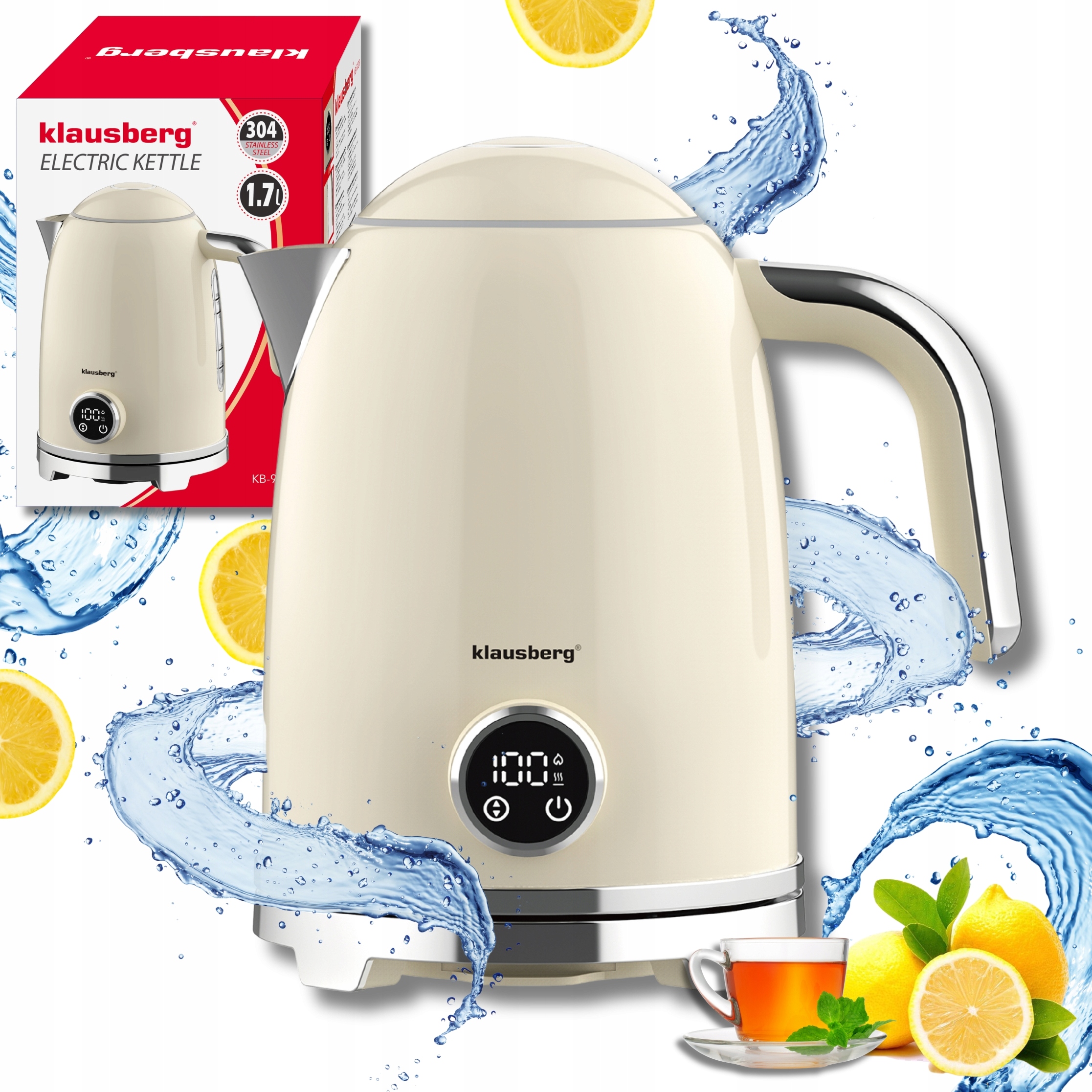 Czajnik elektryczny Bezprzewodowy Termometr 1,7L Led stal 304 Klausberg