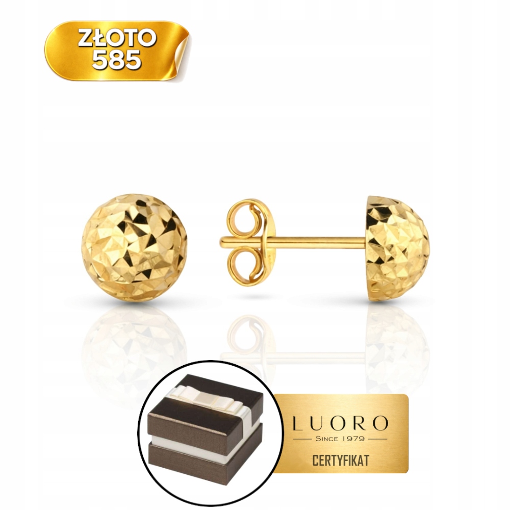 Zlaté Náušnice 585 14K Půl Kuličky 7mm Diamantové Lehké Dárek