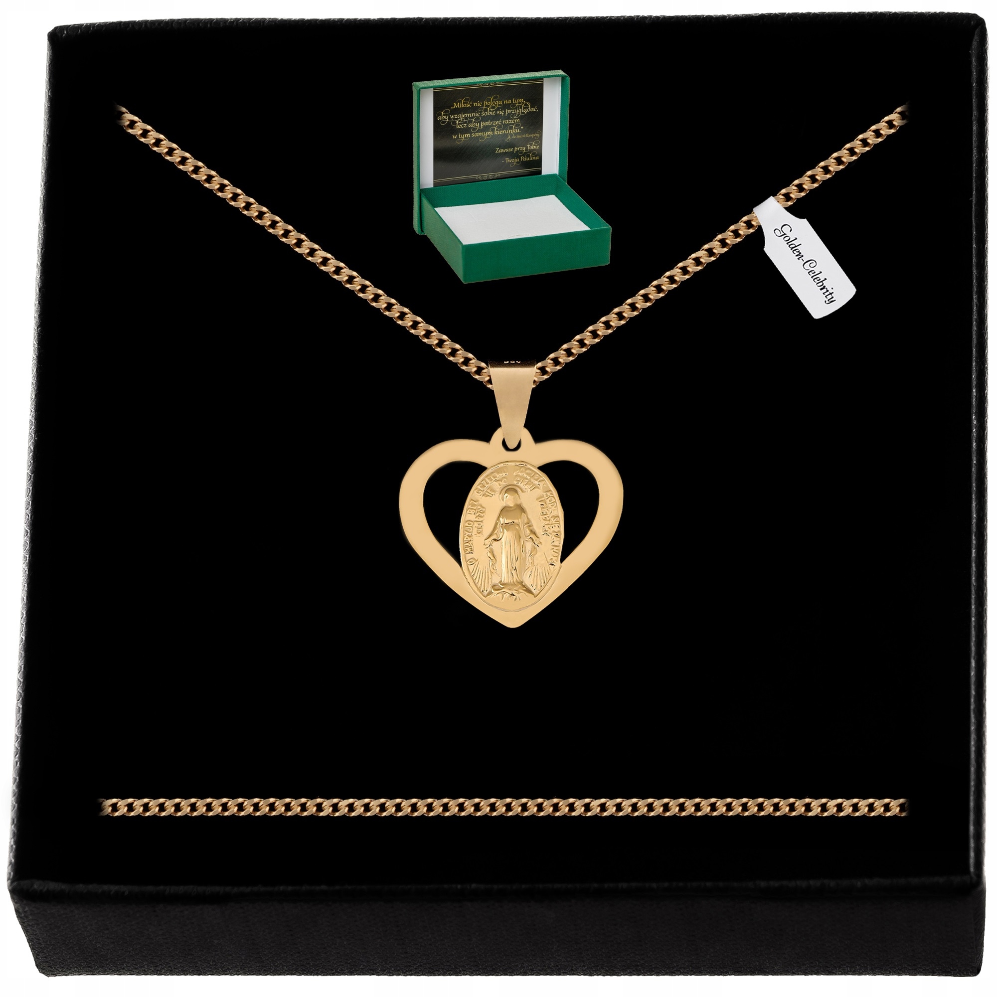 ZŁOTY ŁAŃCUSZEK+MEDALIK MATKA BOSKA W SERCU 925 PREZENT NA KOMUNIĘ CHRZEST