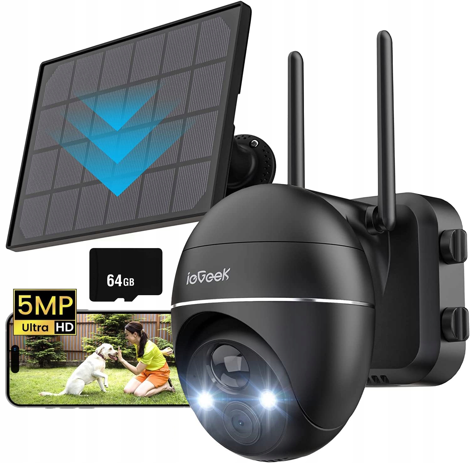 5MPx Venkovní solární WiFi Ip Pir kamera Otočná Zoom Bezdrátová 32GB
