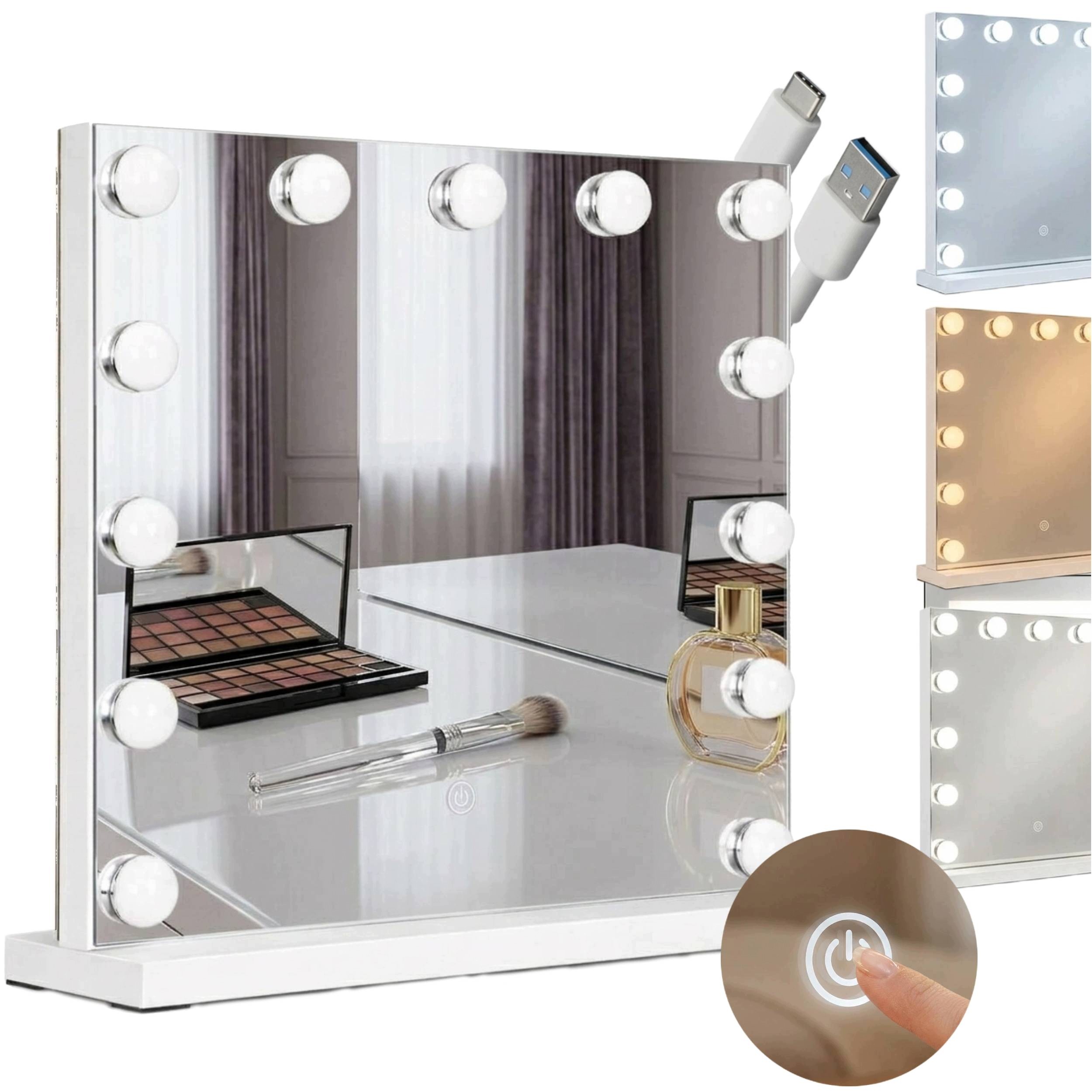 Lustro Do Makijażu Duże 50x40 cm Led Lusterko Kosmetyczne w Stylu Hollywood