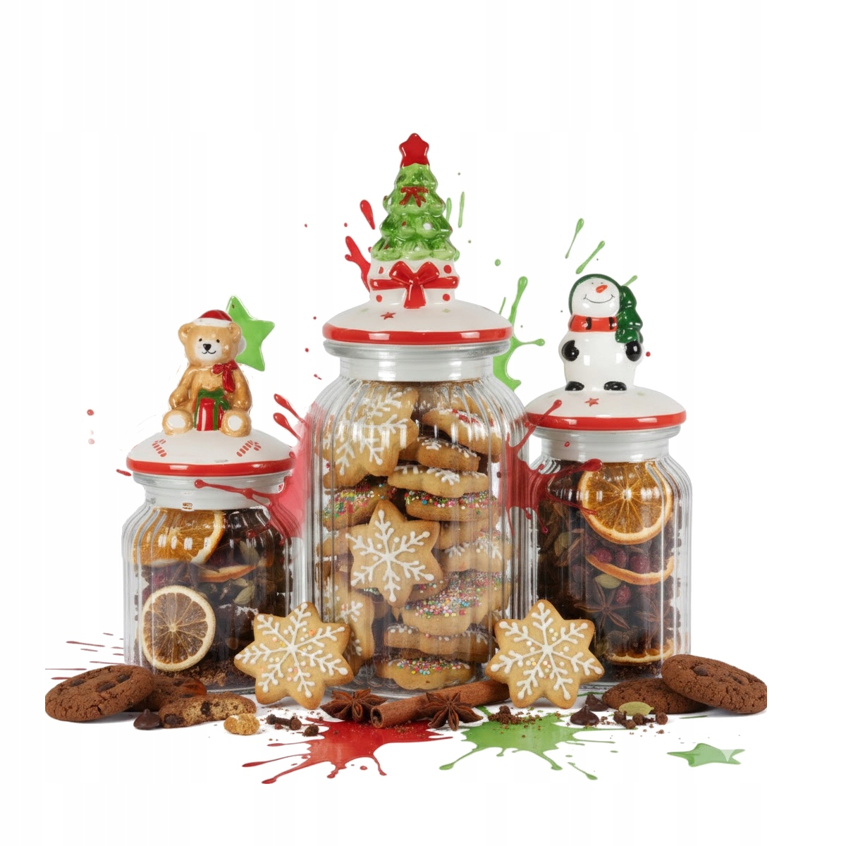 3x Vánoční Skleněné Nádoby Sklenice Na Sušenky Perníky Bonbóny Set