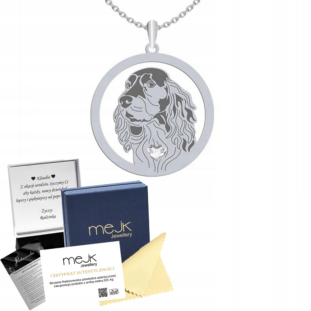 Stříbrný náhrdelník z Polska Lovecký španěl 925 Dárek Řetízek Gravírování