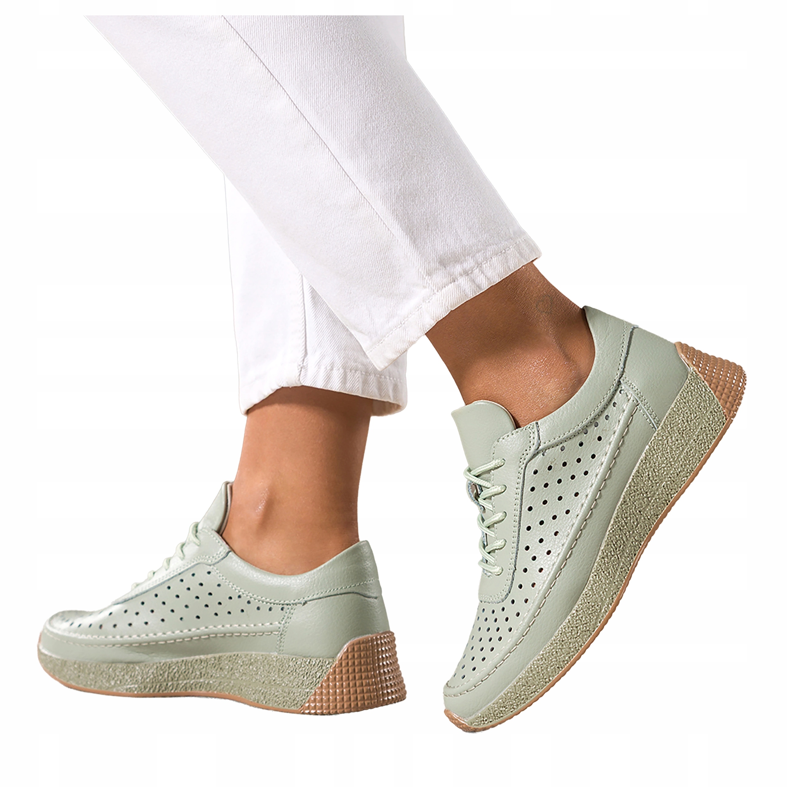 Sneakersy Zelené Dámské Kožené Ažurové Šněrování Na Platformě vel 38