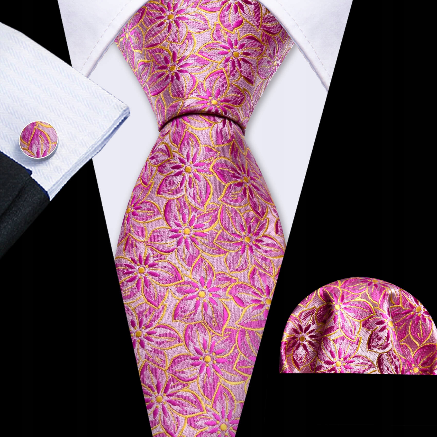 Hedvábný Žakárový set Kravata Sponky Kapesníček Pudrová Růžová Magenta Květiny