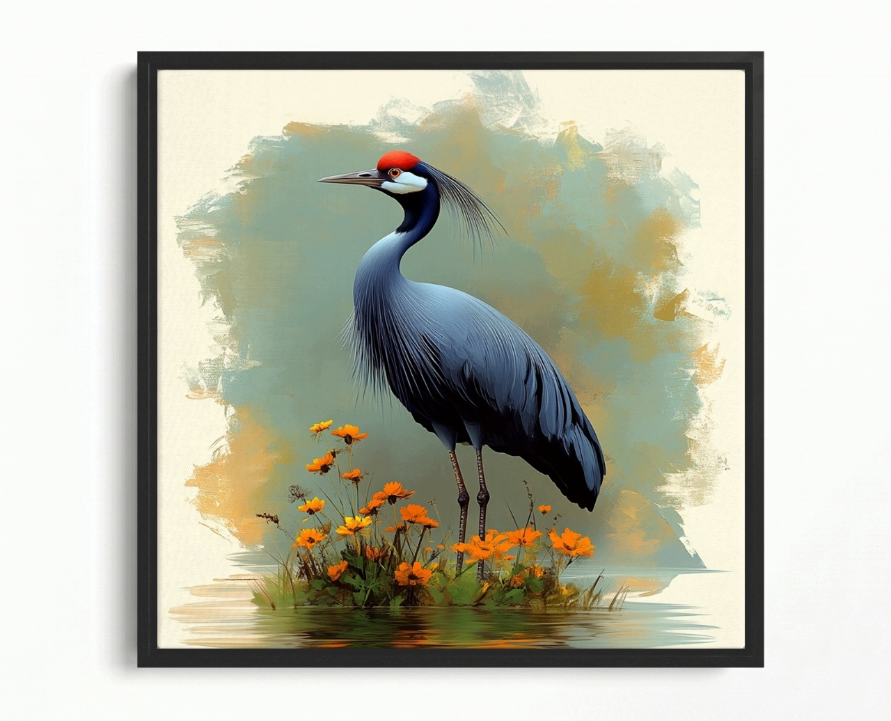 Obraz Rám Americký Box Grafika Pták Jeřáb Květiny Příroda 40x40