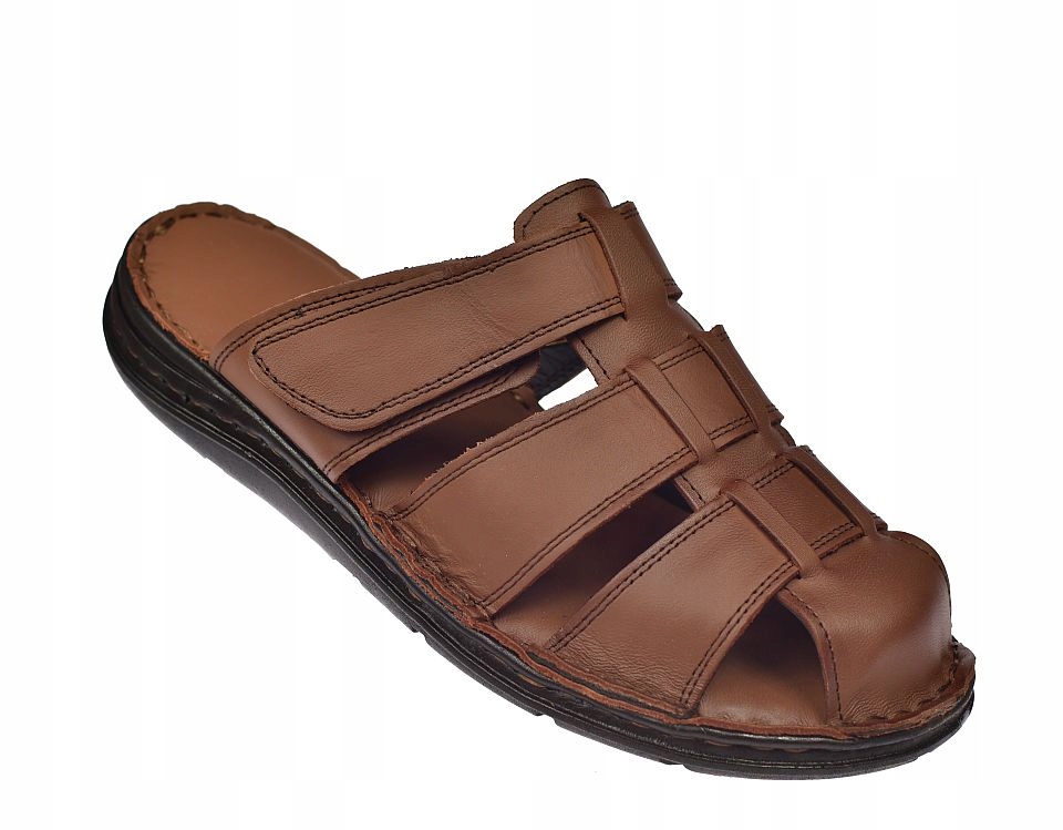 Pánské pantofle celé z přírodní kůže na suchý zip G67021 br vel 42