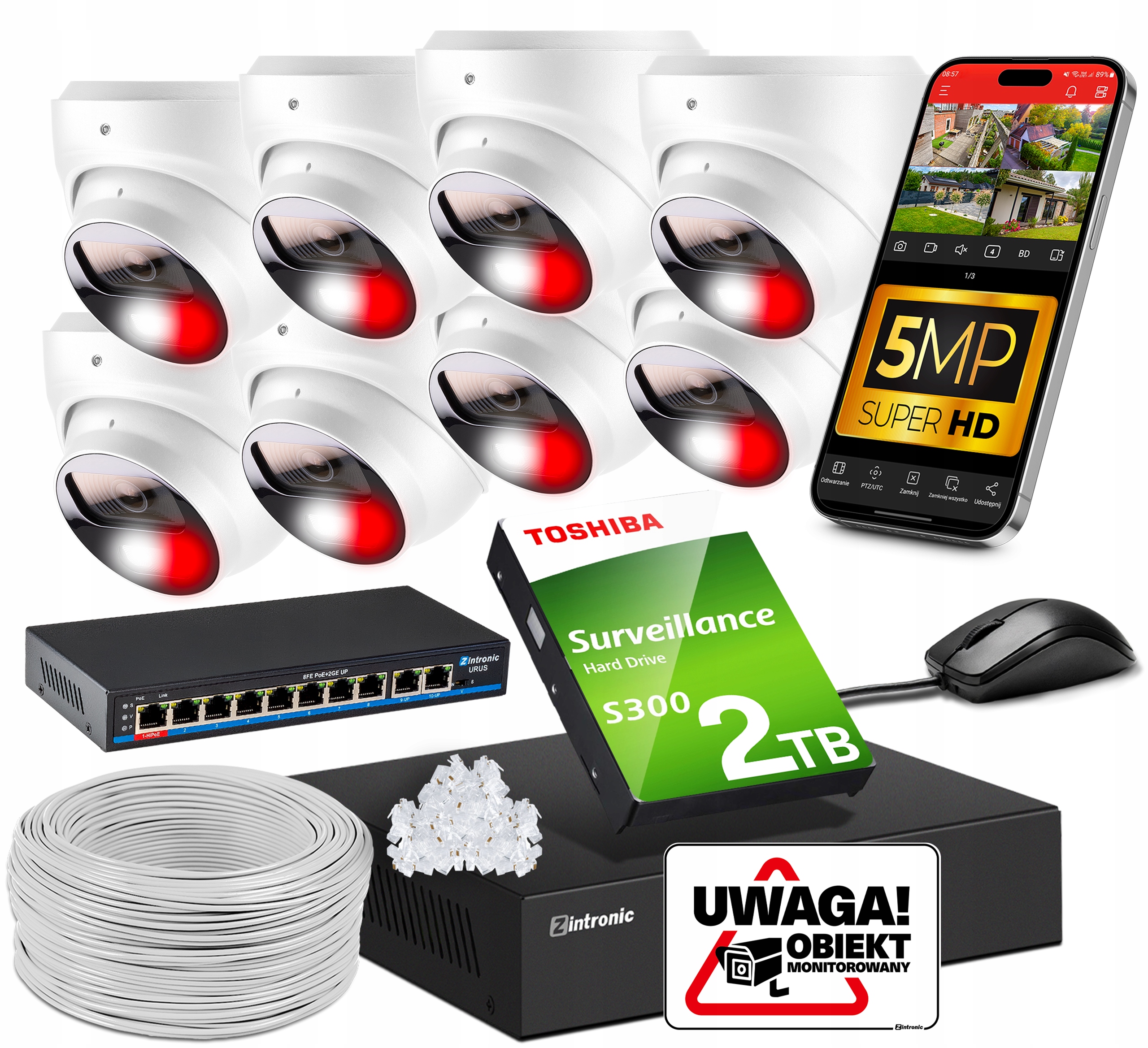 Sada Ip Monitorovania PoE 8 Kamera 5MPx Biela Audio Detekcia 2TB Switch