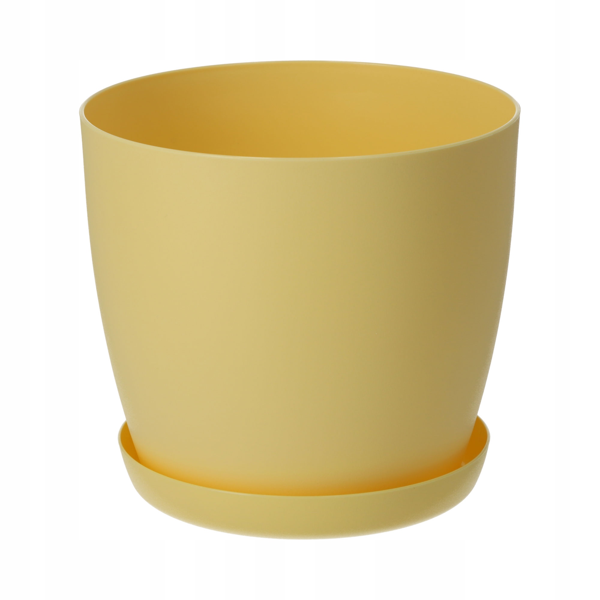 DONICZKA OSŁONKA DONICA 14cm NA KWIATY MATOWA ŻÓŁTA PLASTIKOWA PODSTAWKA