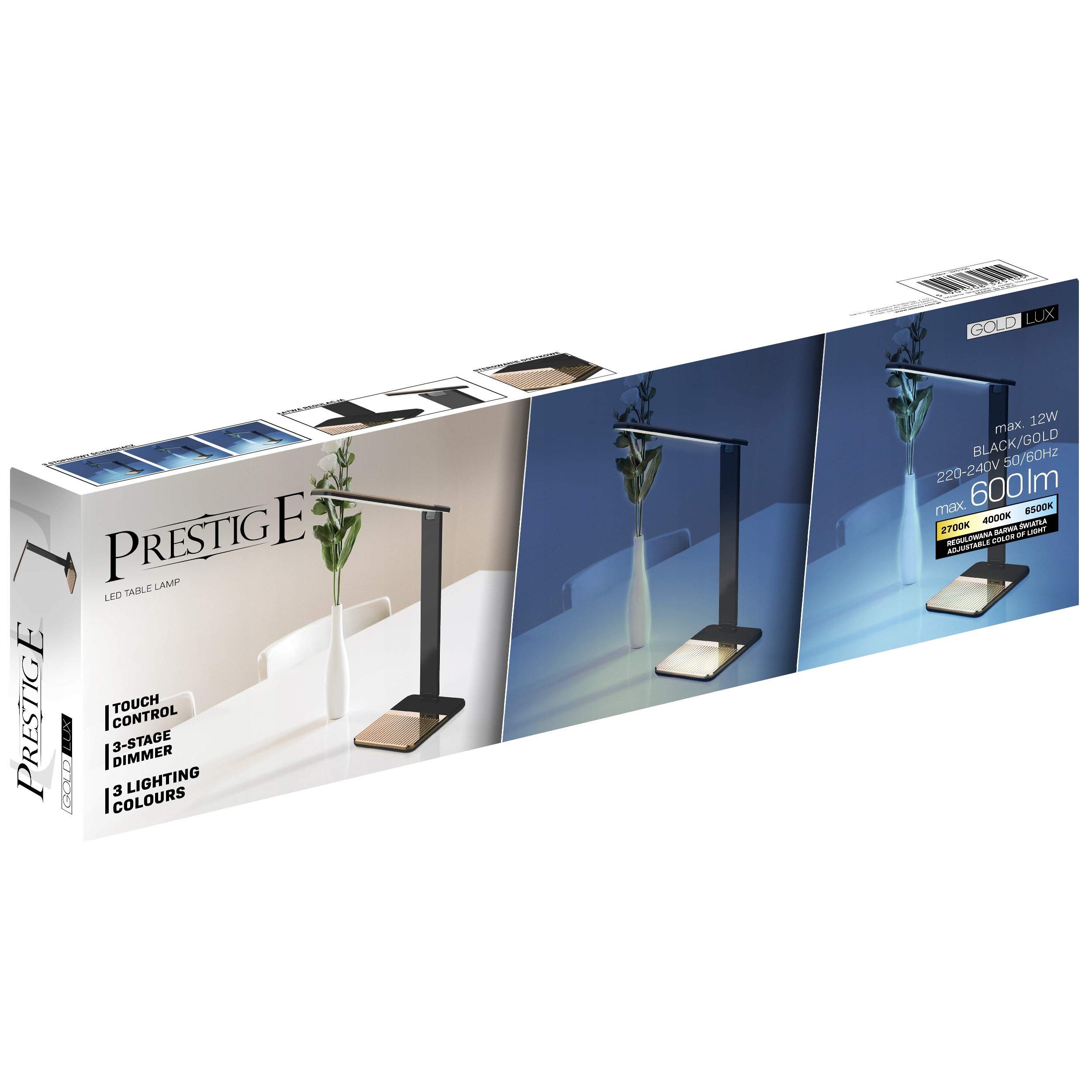 LAMPKA BIURKOWA LED 12W DOTYKOWA BARWY 2700K~6500K ŚCIEMNIACZ CZARNA-ZŁOTA Kolekcja Prestige