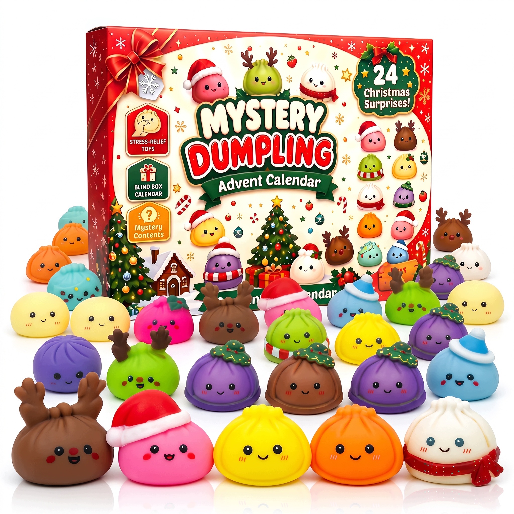 Адвент-календарь Squishy Dumpling подвесной, 24 мялки-антистресс с рожицами