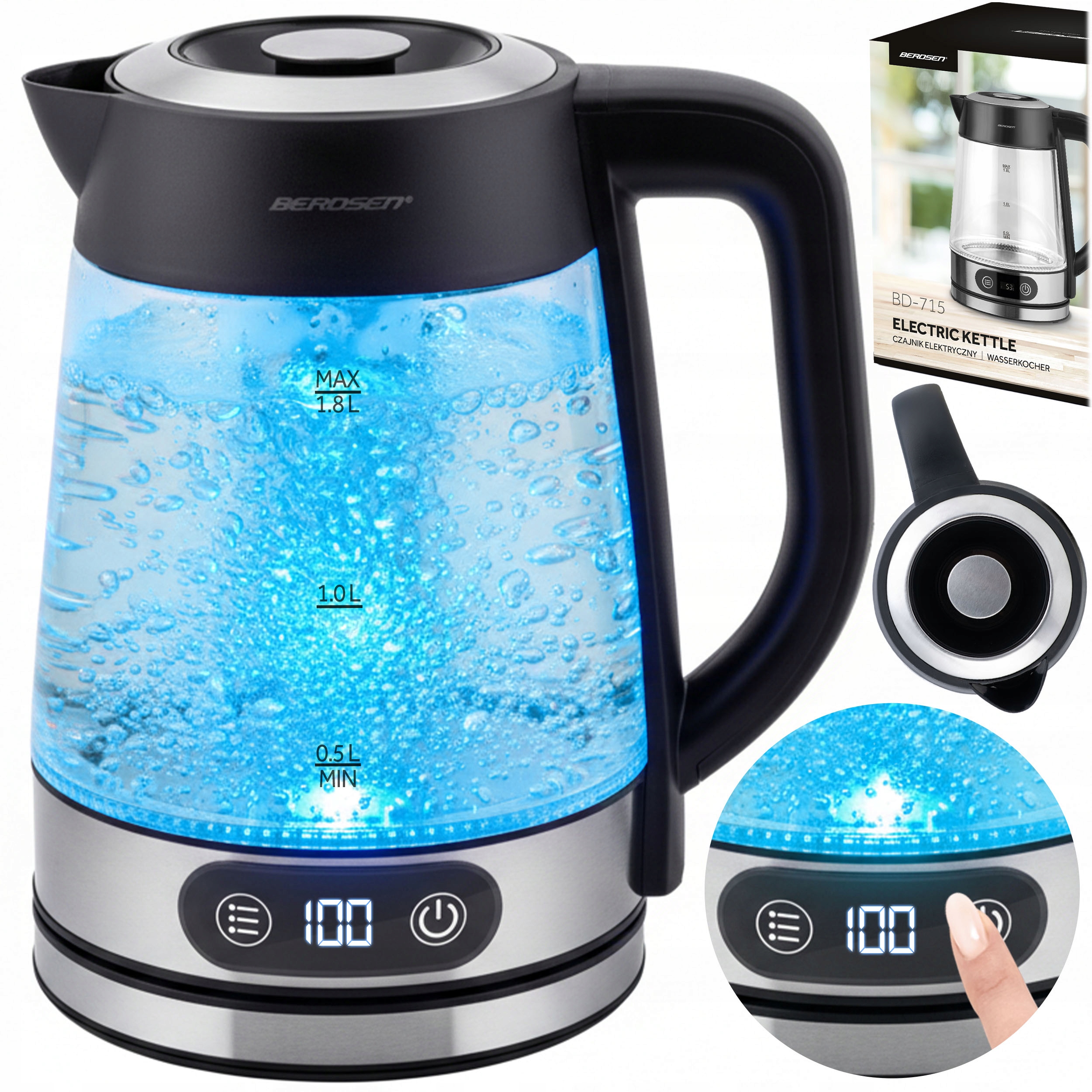 Czajnik Elektryczny Szklany Z Regulacja Temperatury 2200W Berdsen 1,8L