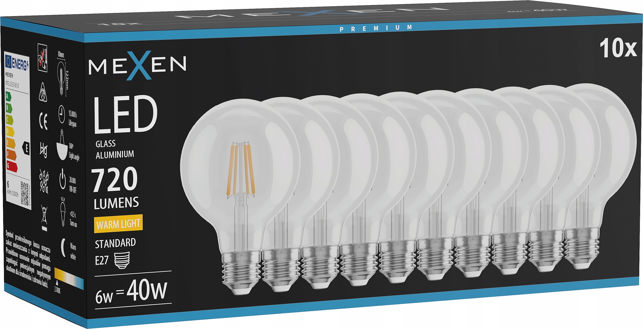 Mexen Vintis 10X Žárovka Filament Led E27 G80 6W Teplá 2700K 720 LM Čirá