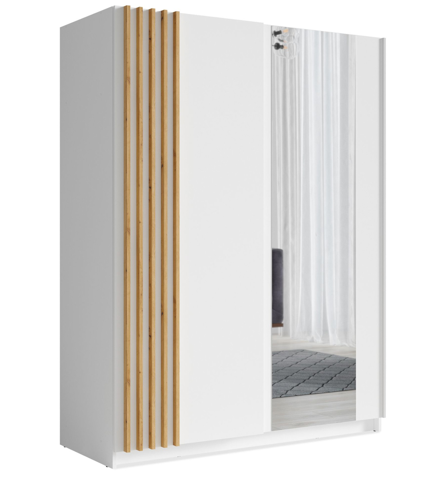 Posuvná Skříň S Lamelami A Zrcadlem Bílá/dub 150 cm Castari Konsimo