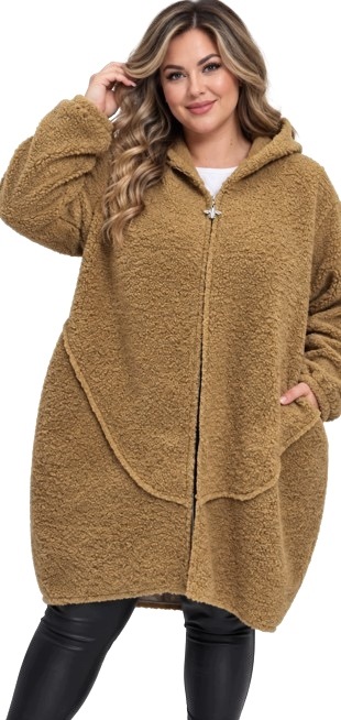 Dámský Kabát Plus Size 4XL 46 48 Teddy Kapuce Zip Béžový Camel