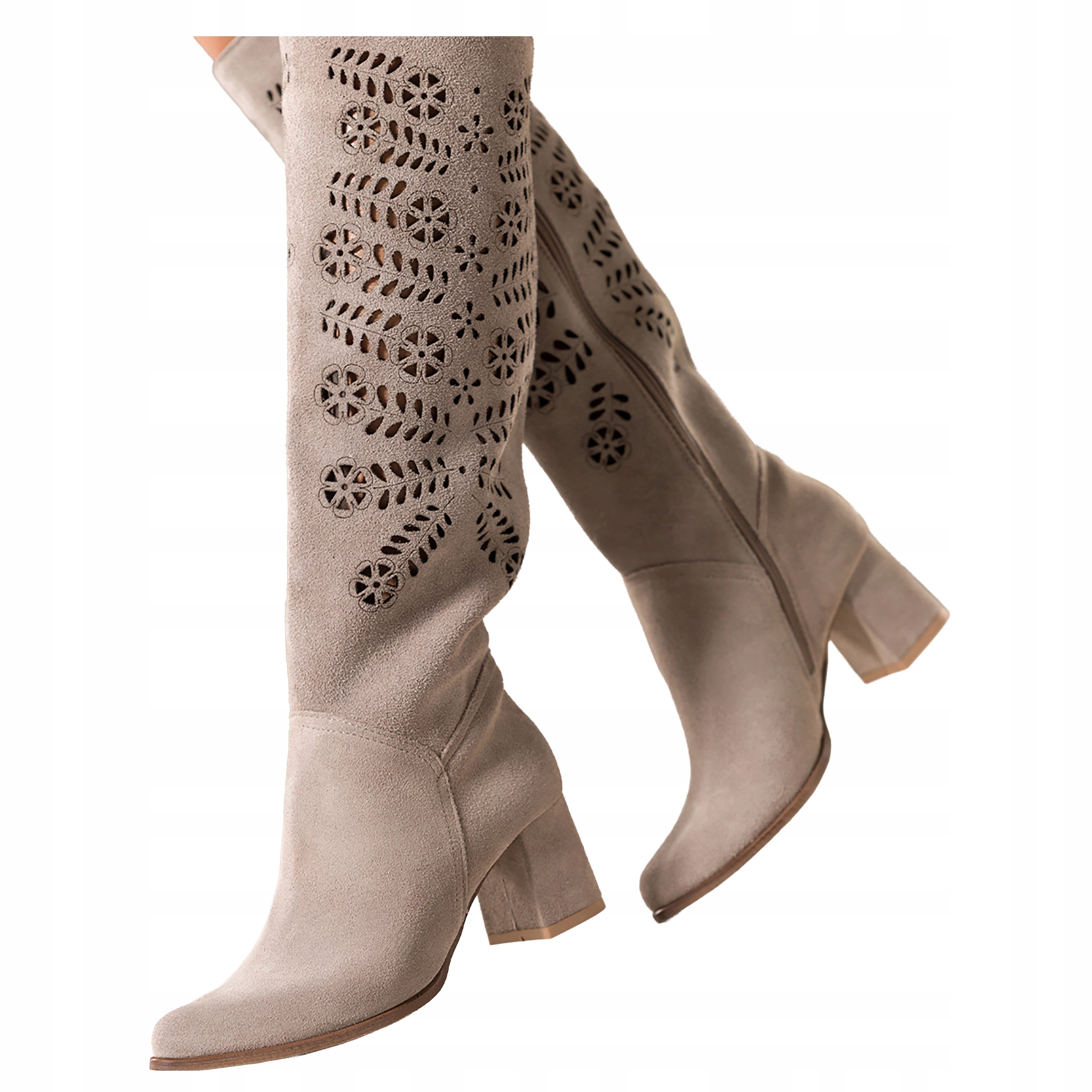 Béžové Kozačky Dámské Nízké Kožené Podpatky Polské S Gumou Ažurové vel. 36