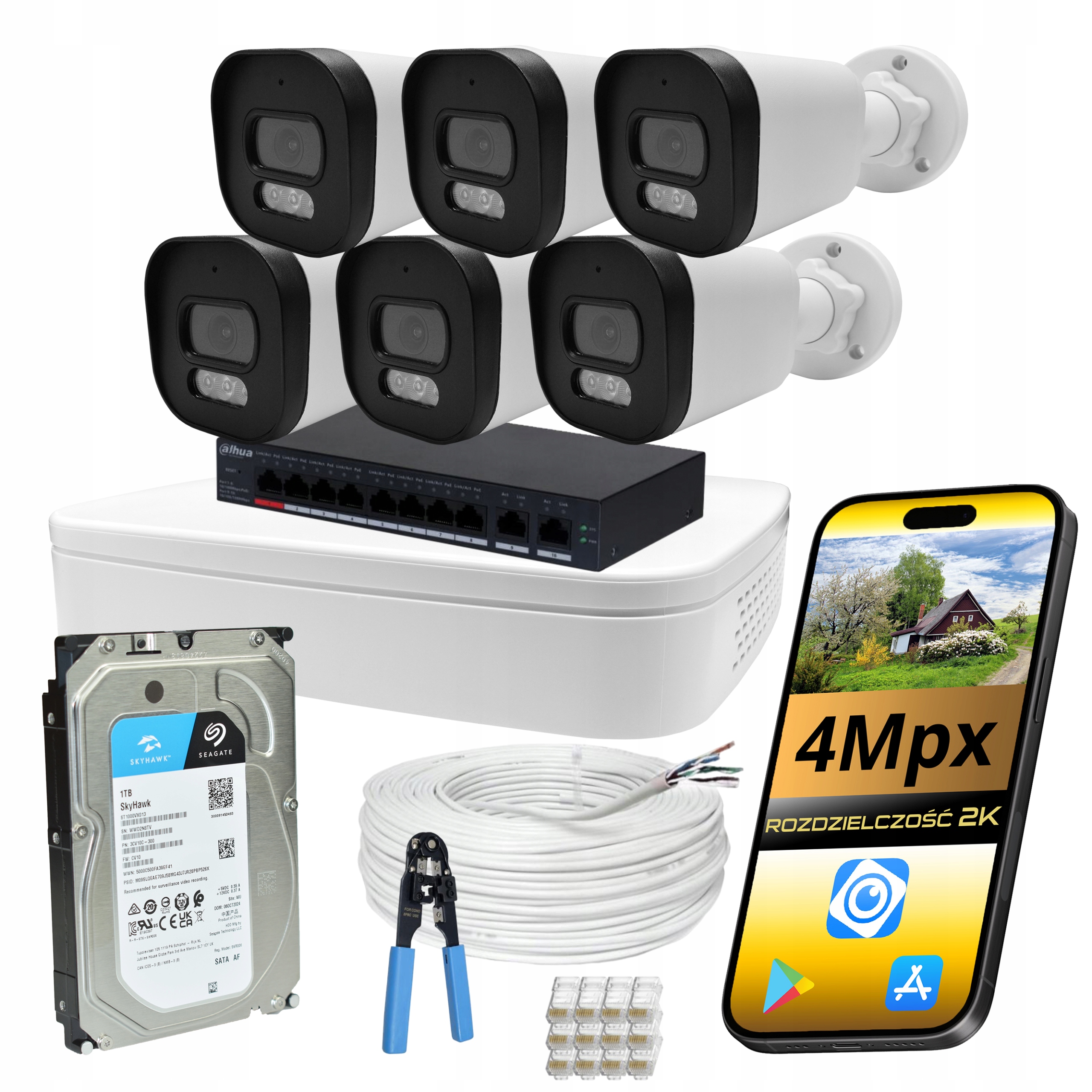 Sada Monitorování Ip PoE 6 Tubových Kamer 4MPX Barva V Noci Venkovní +1TB