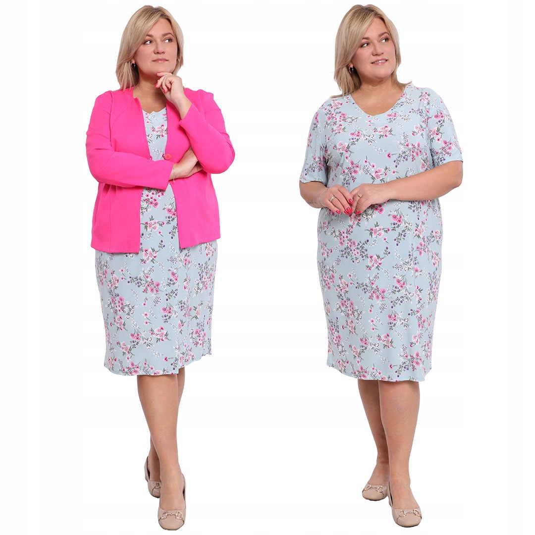 Jednoduchá světle zelená šaty s růžovými květy 52/54