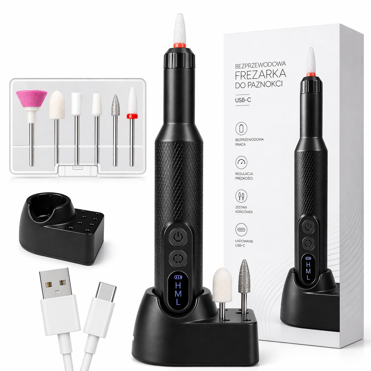 FREZARKA DO PAZNOKCI BEZPRZEWODOWA USB-C ZESTAW FREZÓW MANICURE PEDICURE
