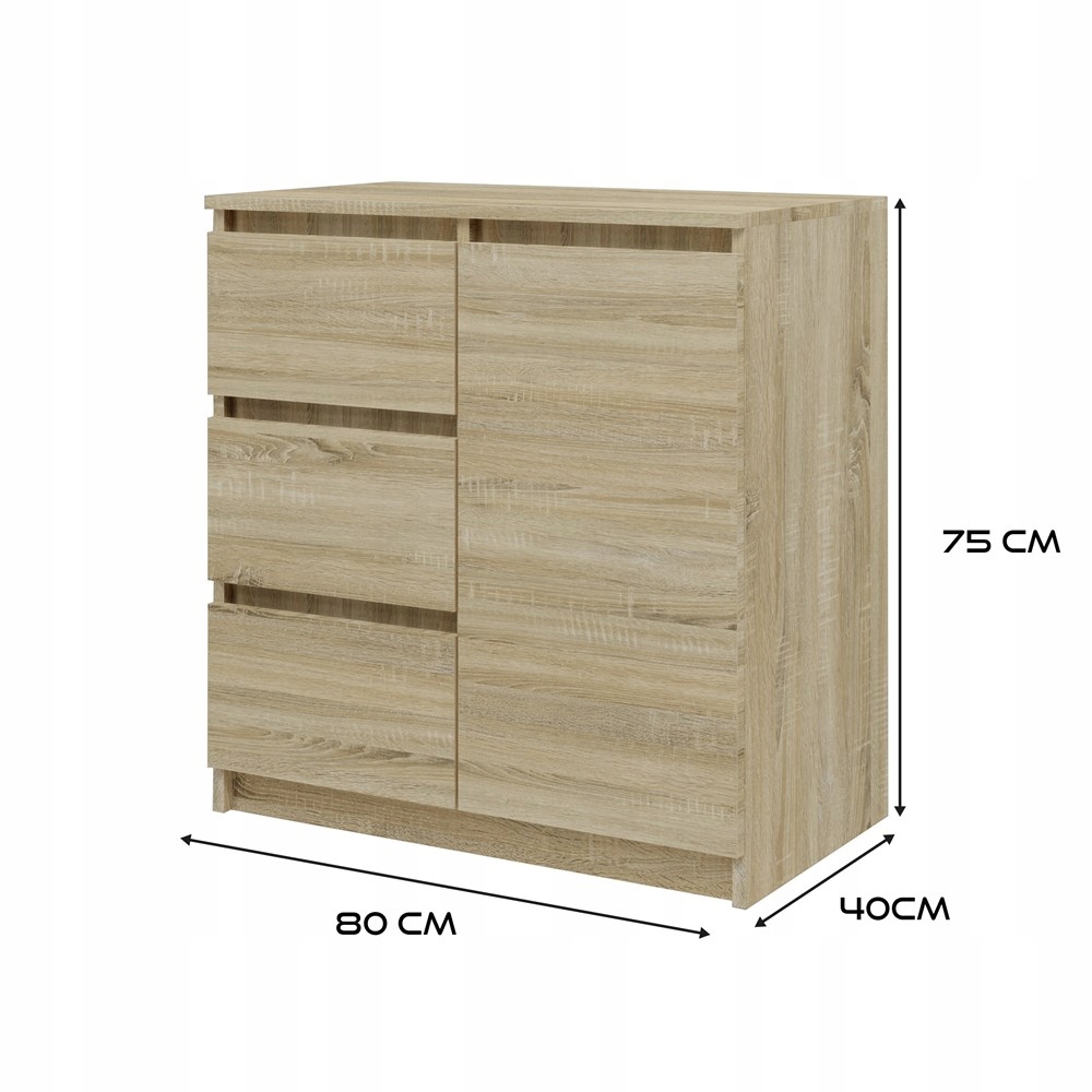KOMODA 80 cm SZAFKA SZUFLADY DRZWI PÓŁKI POJEMNA NOWOCZESNA DĄB SONOMA Marka VMP