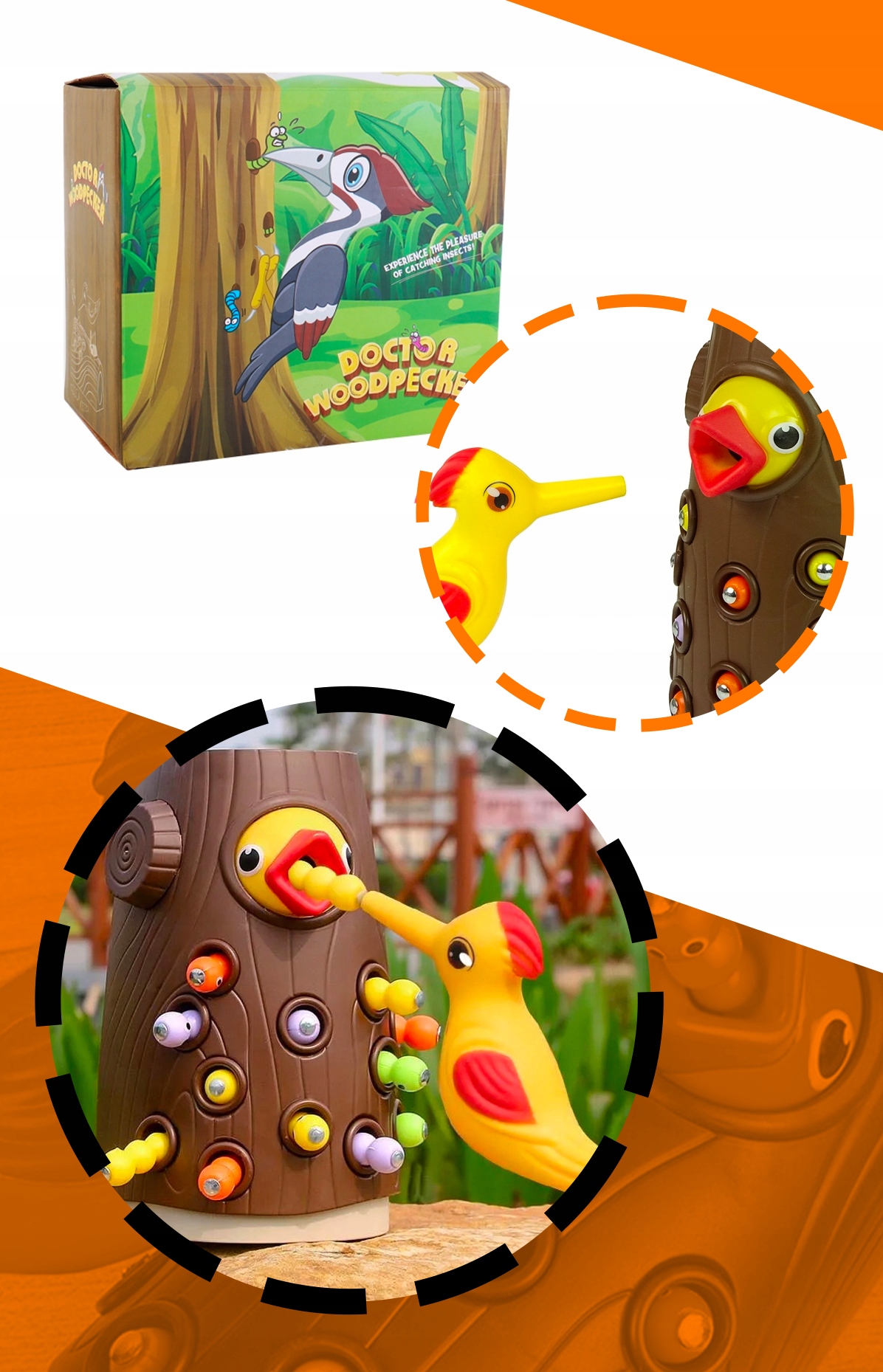 GRA MAGNETYCZNA NAKARM PTASZKA MONTESSORI DZIĘCIOŁ 12 ROBACZKÓW PREZENT HQ Marka MTA