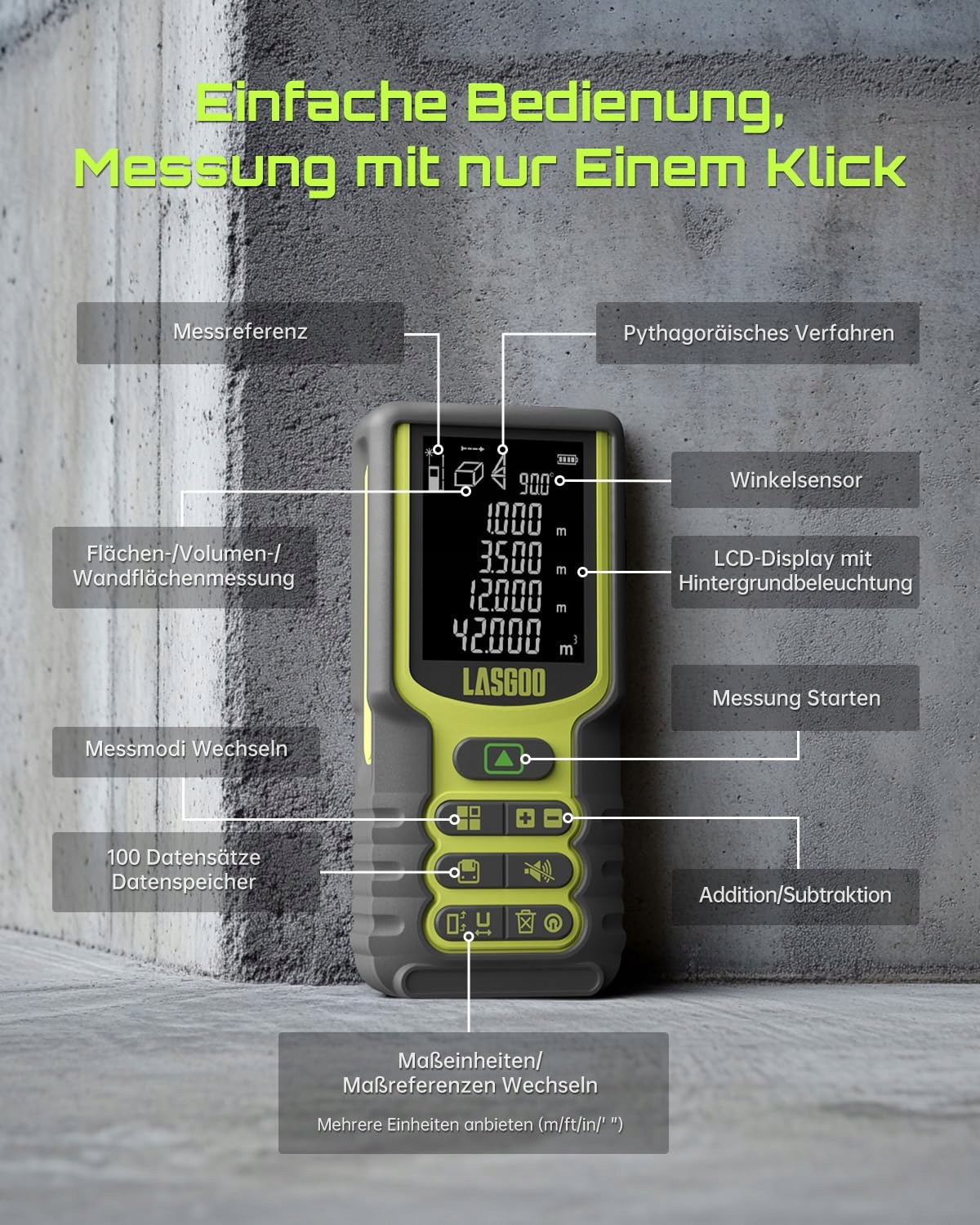 LASGOO Dalmierz Laserowy 100m z LCD i Czujnikiem Kąta — miniatura 6