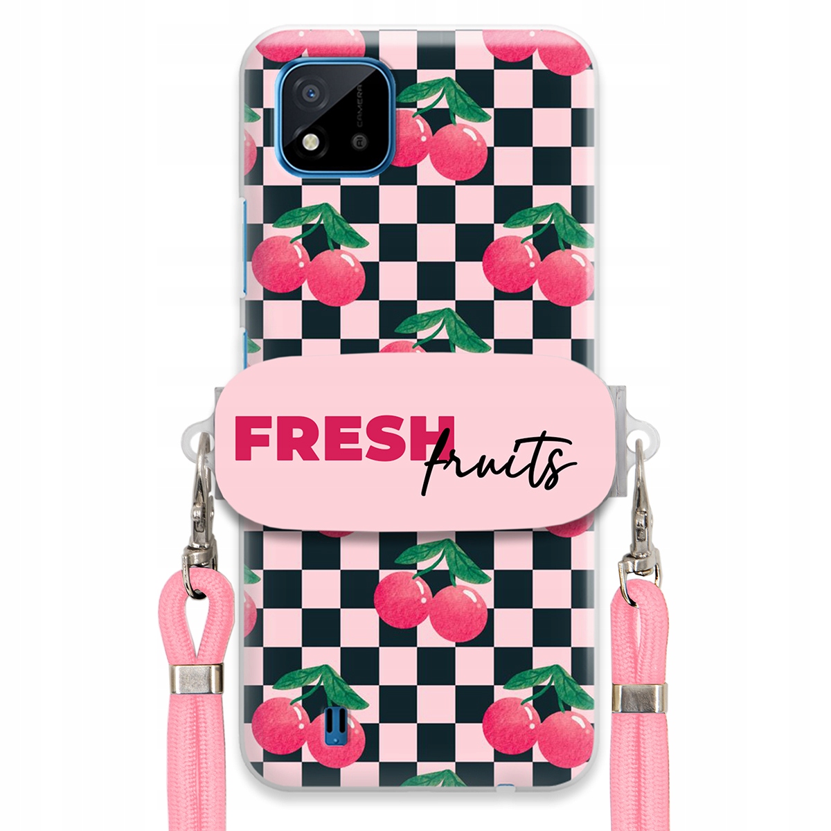Puzdro pre Realme C20 Vodítko Pink Crossbody Šachovnicový držiak Fresh Fruits