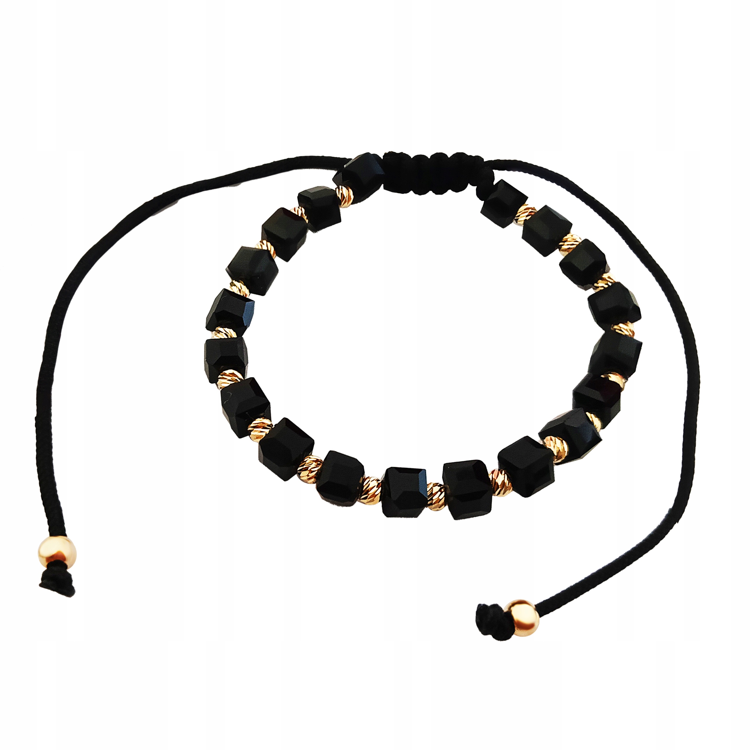 Černý provázkový náramek s černými hematity a zlatými kuličkami 585