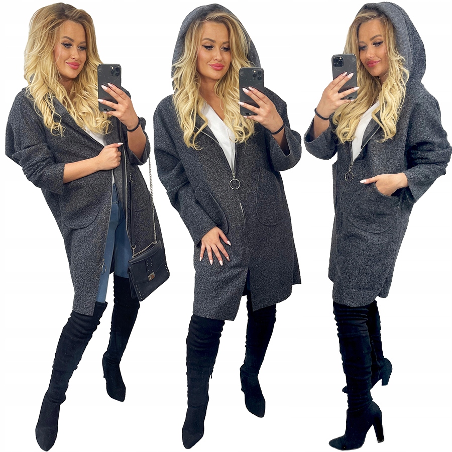 Supełkowy Płaszcz Z Kapturem oversize Długi Płaszcz