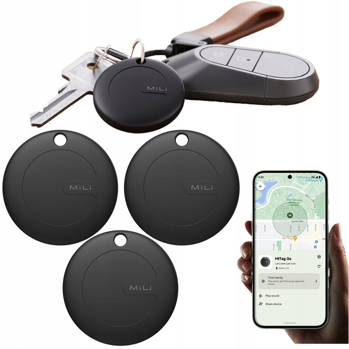 Lokalizator GPS 3x MiTag MiLi Android do plecaka kluczy bagażu dla psa