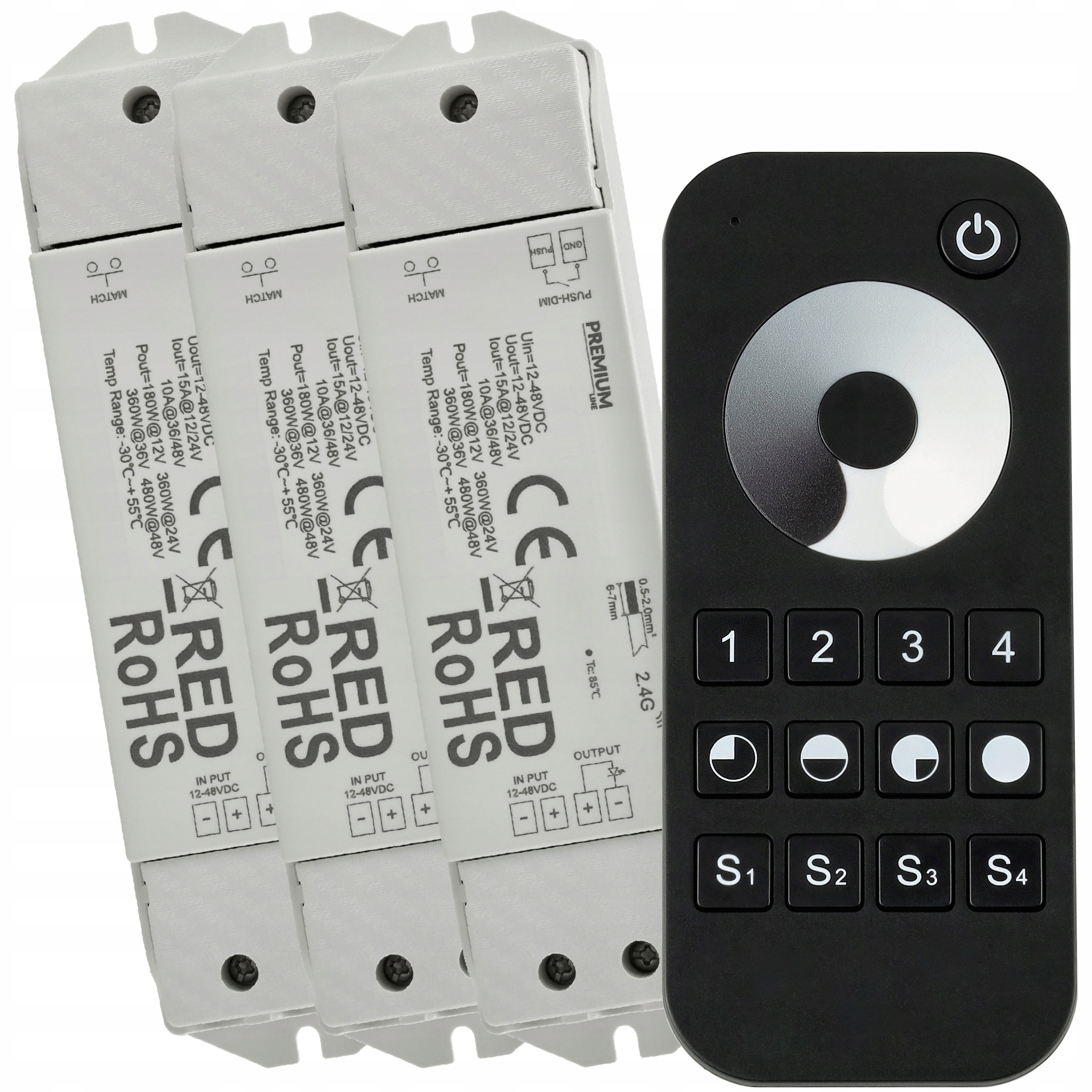 3x Led zónový ovladač Dálkový Ovladač Mono 15A 12V 24V dotykový stmívač sada