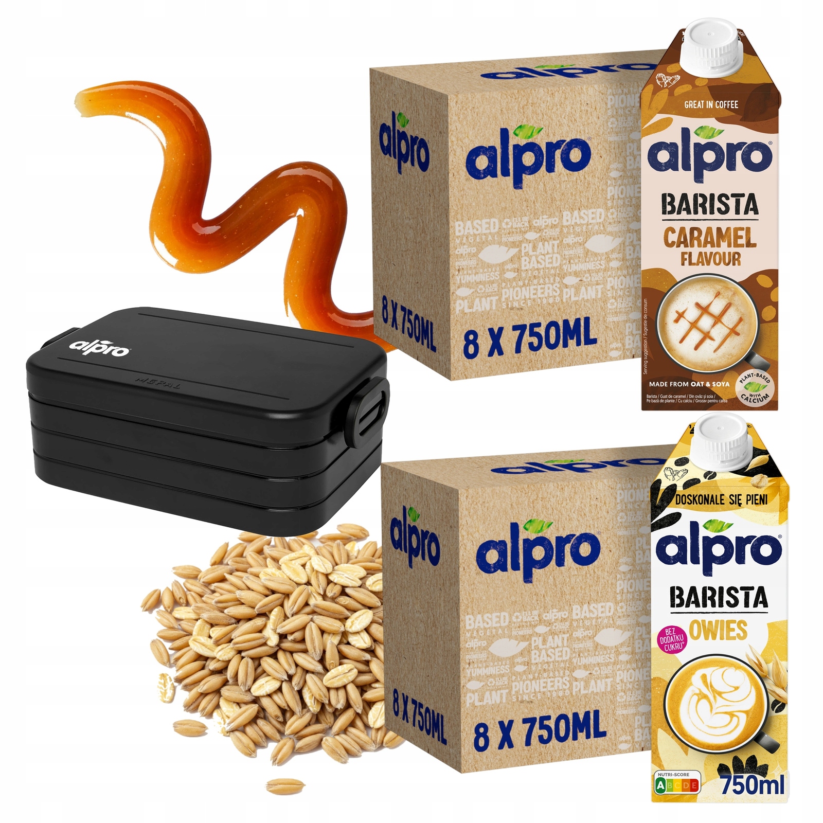 Levně Sada rostlinných nápojů Alpro Barista Caramel 8x750 ml, Oves 8x750 ml Dárek