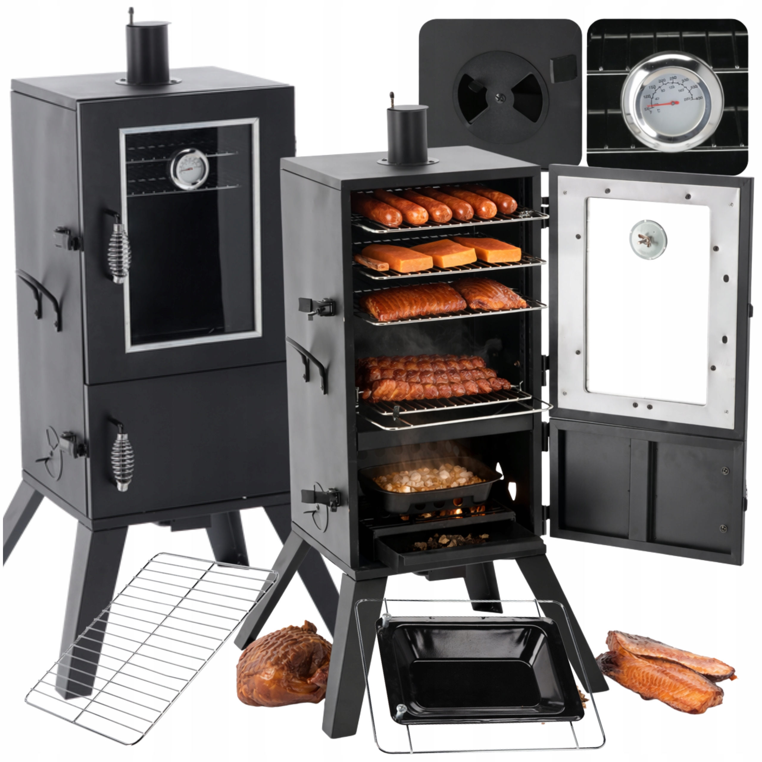 Záhradná Udiarňa Kovová 59,7x54,5x102,9 CM Grilovací Termometer 3 Rošty
