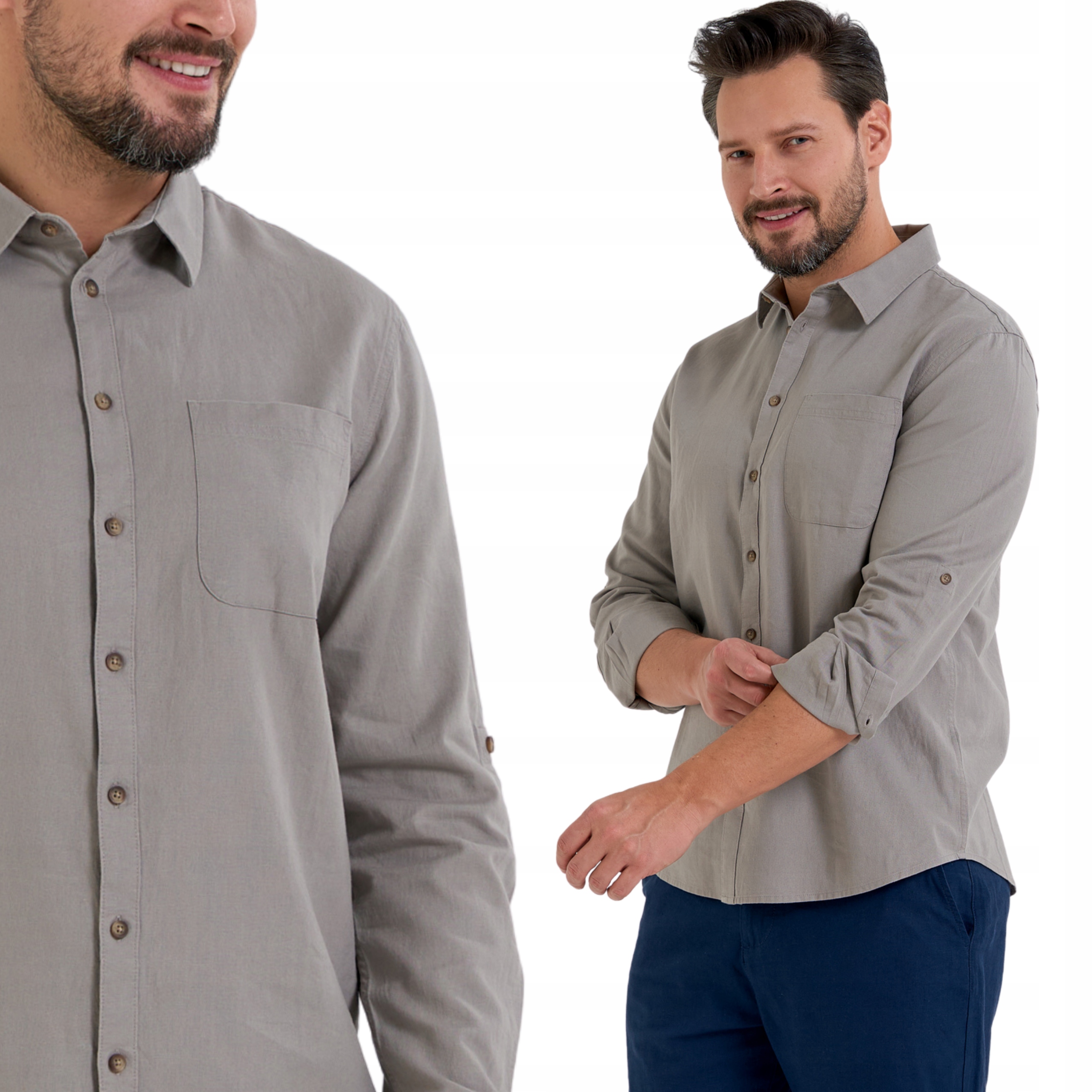 Klasyczna Gładka Koszula Męska z Lnem Długie Regulowane Rękawy Moraj 3XL