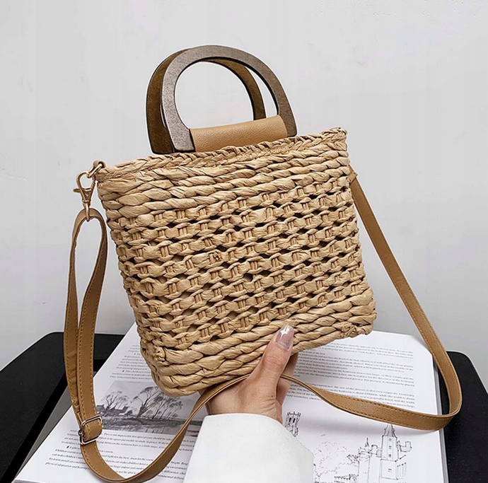 PLECIONA TOREBKA DO RĘKI I NA RAMIĘ DŁUGI PASEK ZAPINANA CIEMNY BEŻ Płeć kobieta