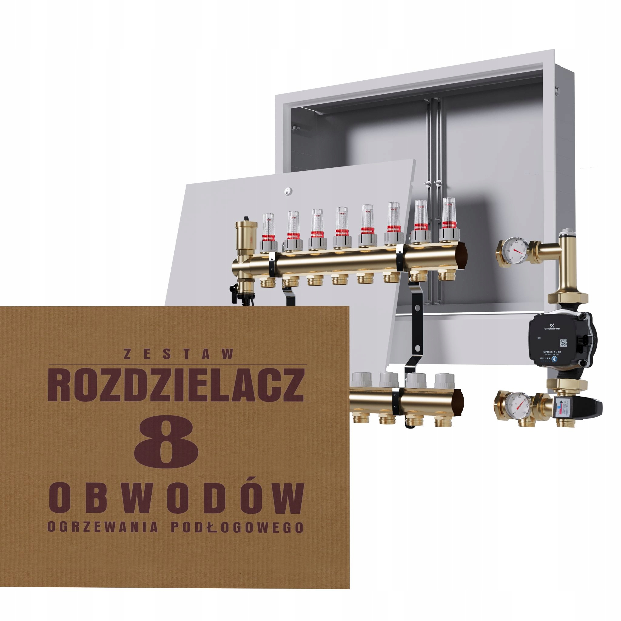 Rozdělovač pro podlahovku 8 okruhů se skupinou Grundfos podomítková skříňka