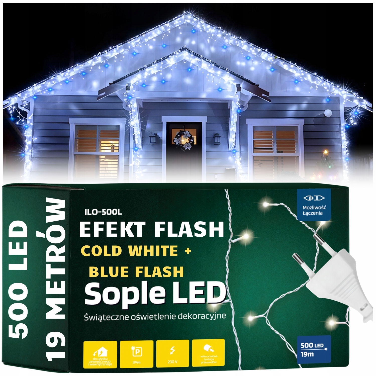 DŁUGIE ŚWIATEŁKA ZEWNĘTRZNE 19M ŚWIĄTECZNE SOPLE LAMPKI LED Z FLESZEM FLASH
