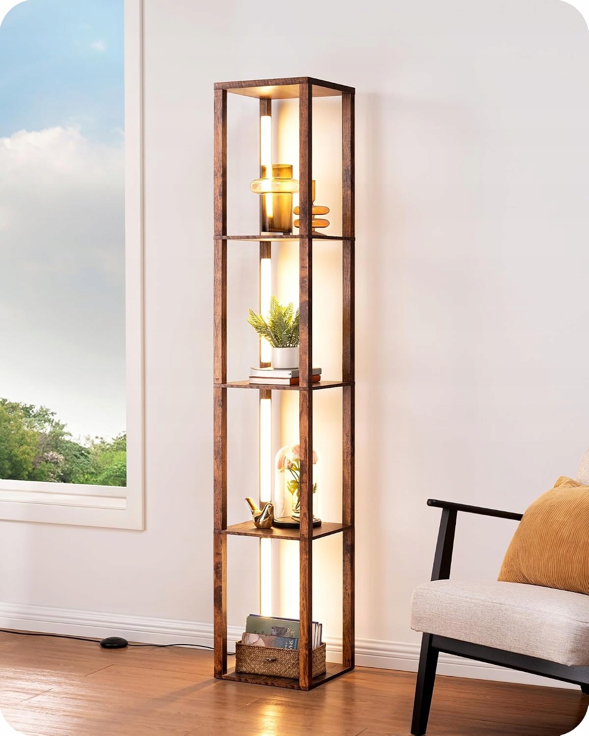 Led Podlahová Lampa S Policemi 2V1 Moderní, 163 CM, Barva Hnědá
