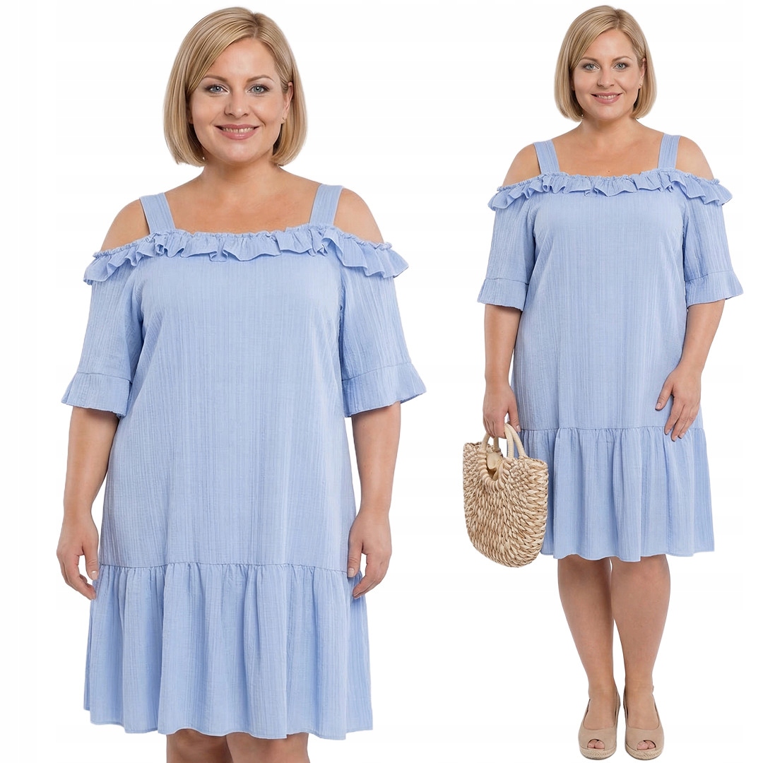 Modrá šaty s odhalenými rameny a volánem plus size velikost 46/48