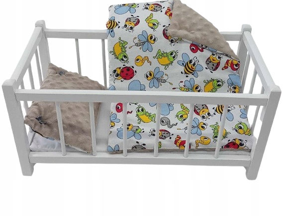 ŁÓŻECZKO DLA LALEK BIAŁE, DREWNIANE Z POŚCIELĄ