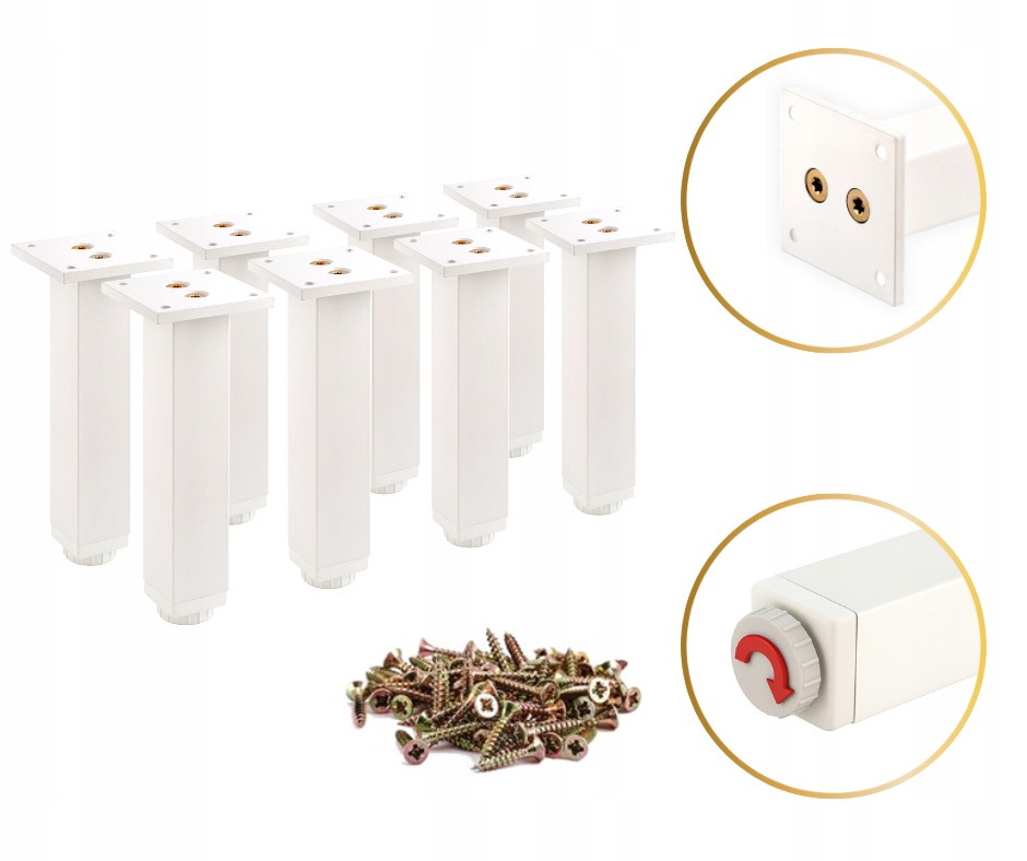 8 X Silná Noha Nábytková Noha Nastavitelná Noha Pro Nábytek 6 CM Bílá Vruty