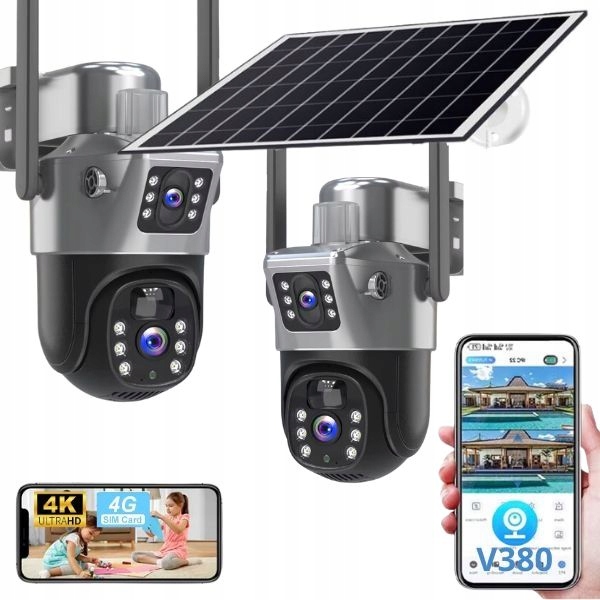 Solární venkovní kamera s dvěma objektivy 4K Hd 8MP Sim karta 4G Lte
