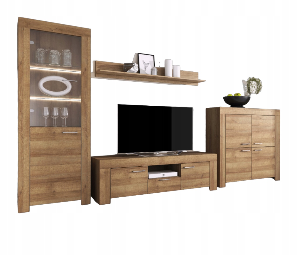 Meblościanka Zestaw Mebli Komoda RTV Witryna Dąb Riviera
