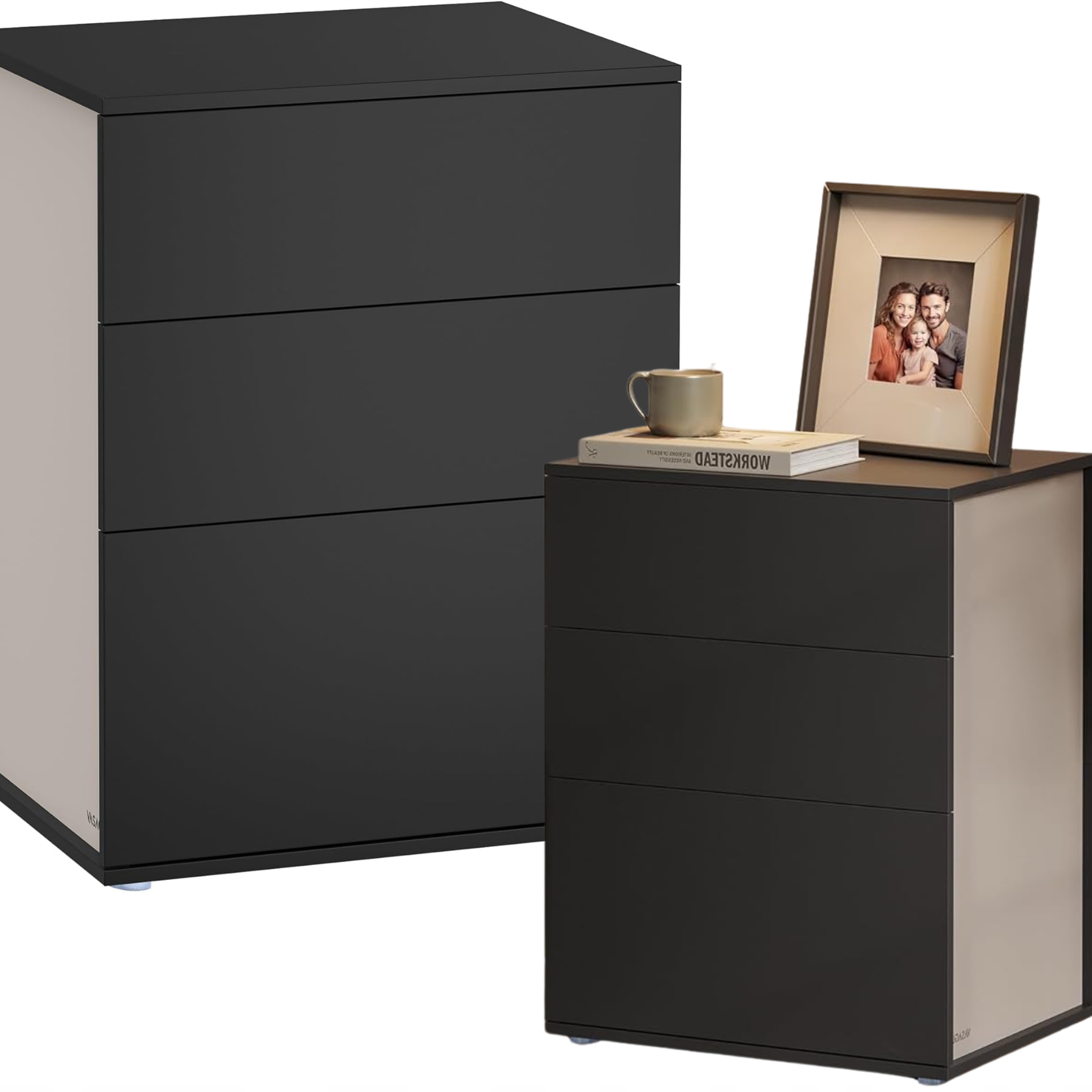 Nočná Skrinka Bočný nočný stolík 35x45 cm s 3 zásuvkami Loft Béžový čierny