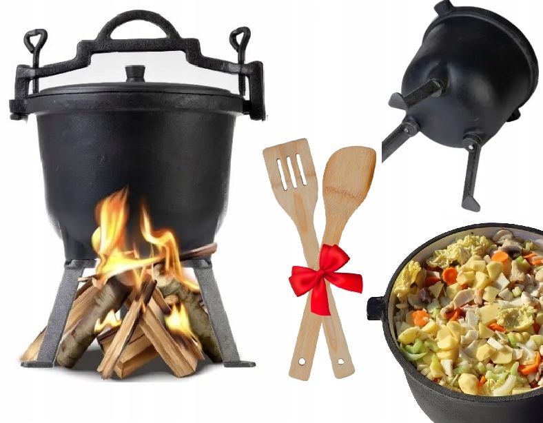 Kociołek Żeliwny 8L Myśliwski Węgierski Garnek Na Ognisko Grill Łyżki