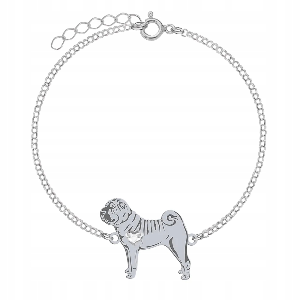 Stříbrný náramek se psem Shar Pei 925 Šperky Dárek Gravírování Bonus